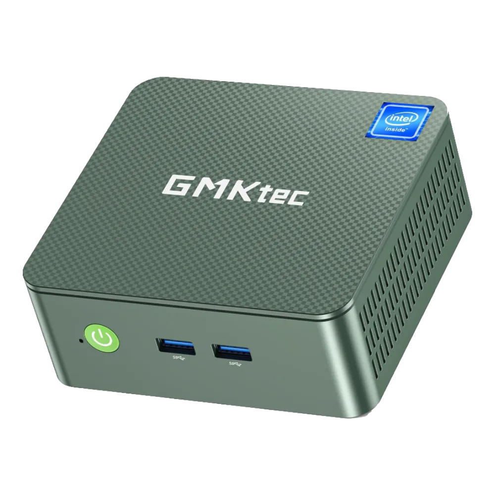 Hình ảnh cận cảnh GMKtec Mini PC nhỏ gọn trên bàn làm việc, thể hiện khả năng tiết kiệm không gian