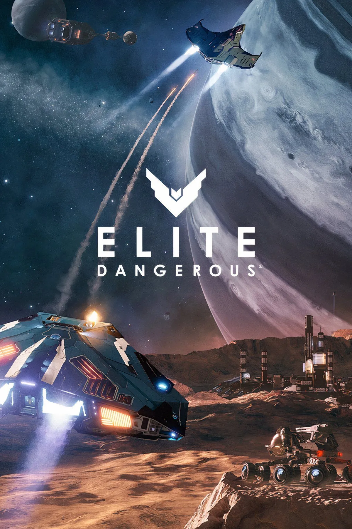 Hình ảnh cận cảnh một chiếc tàu vũ trụ trong Elite Dangerous đang bay qua một hành tinh và các thiên thể, tạo cảm giác phiêu lưu và cô độc