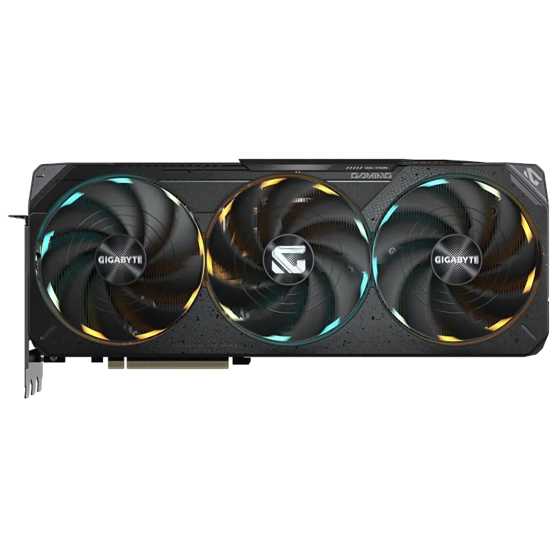 Hình ảnh card đồ họa Gigabyte Gaming GeForce RTX 5080 OC với logo Gigabyte và quạt tản nhiệt