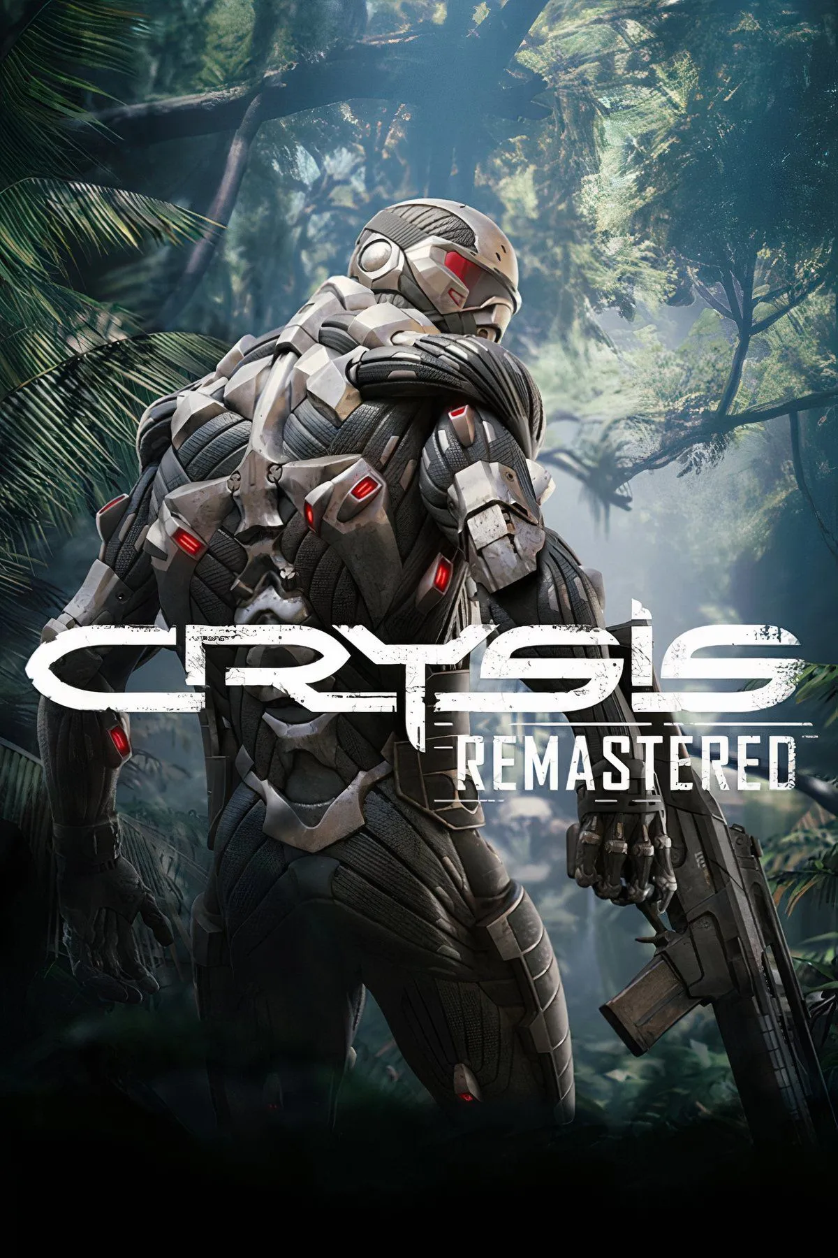 Hình ảnh cắt ghép từ Crysis Remastered, cho thấy một người lính trong bộ giáp Nanosuit tiên tiến đang chiến đấu trong môi trường rừng rậm nhiệt đới, với đồ họa chi tiết và hiệu ứng ánh sáng ấn tượng.