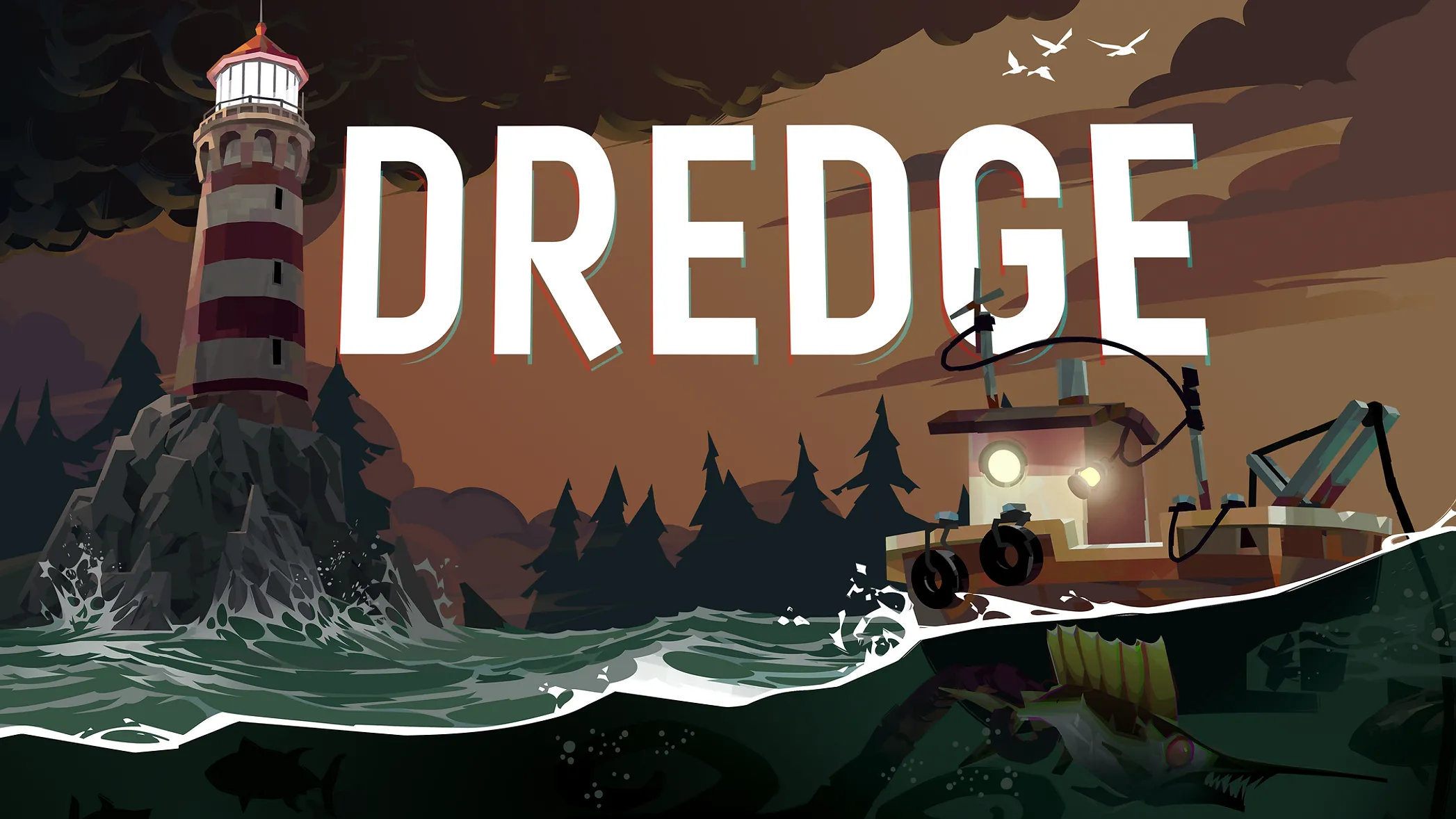 Hình ảnh chiếc thuyền đánh cá đơn độc trong bối cảnh u ám của tựa game Dredge, nay đã có mặt trên Xbox Game Pass.