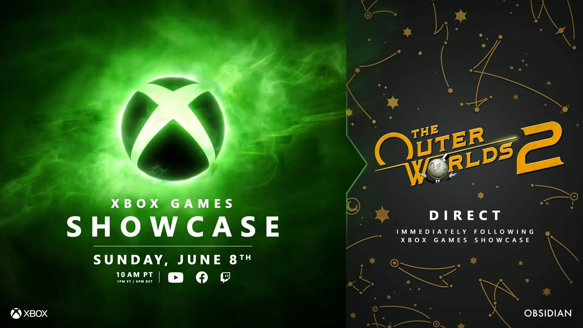 Hình ảnh công bố sự kiện Xbox Games Showcase 2025 cùng với The Outer Worlds 2 Direct, hé lộ tựa game RPG được mong đợi.