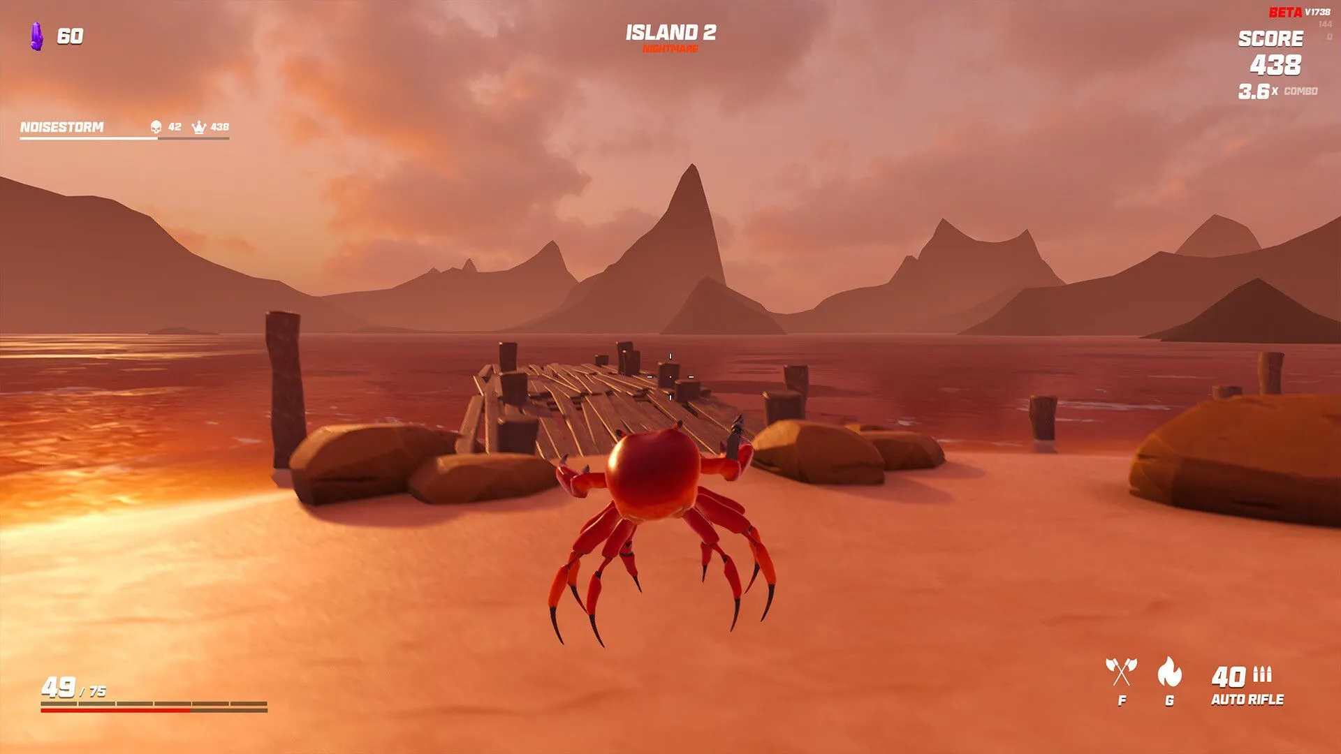 Hình ảnh game Crab Champions với nhân vật cua bay trên bãi biển, minh họa cho game indie sáng tạo.