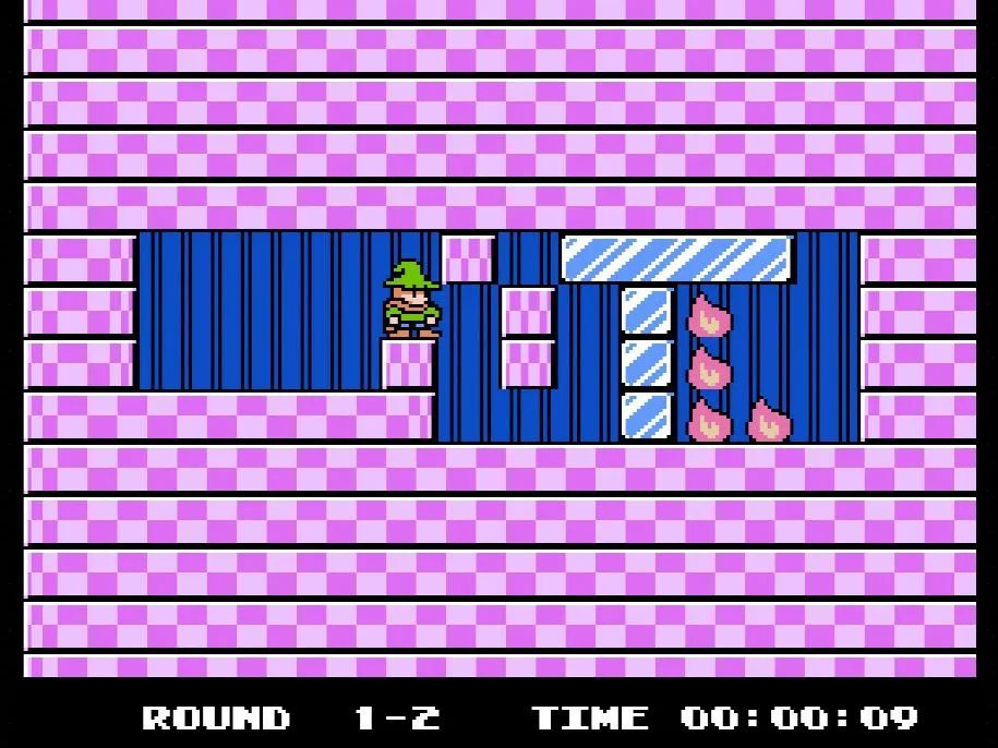 Hình ảnh game giải đố Fire 'n Ice trên NES, người chơi dùng khối băng để dập tắt ngọn lửa trong màn chơi phức tạp.