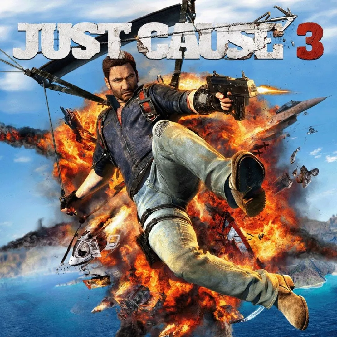 Hình ảnh game Just Cause 3, cho thấy sự hỗn loạn và các vụ nổ lớn đặc trưng của trò chơi trên một hòn đảo nhiệt đới.