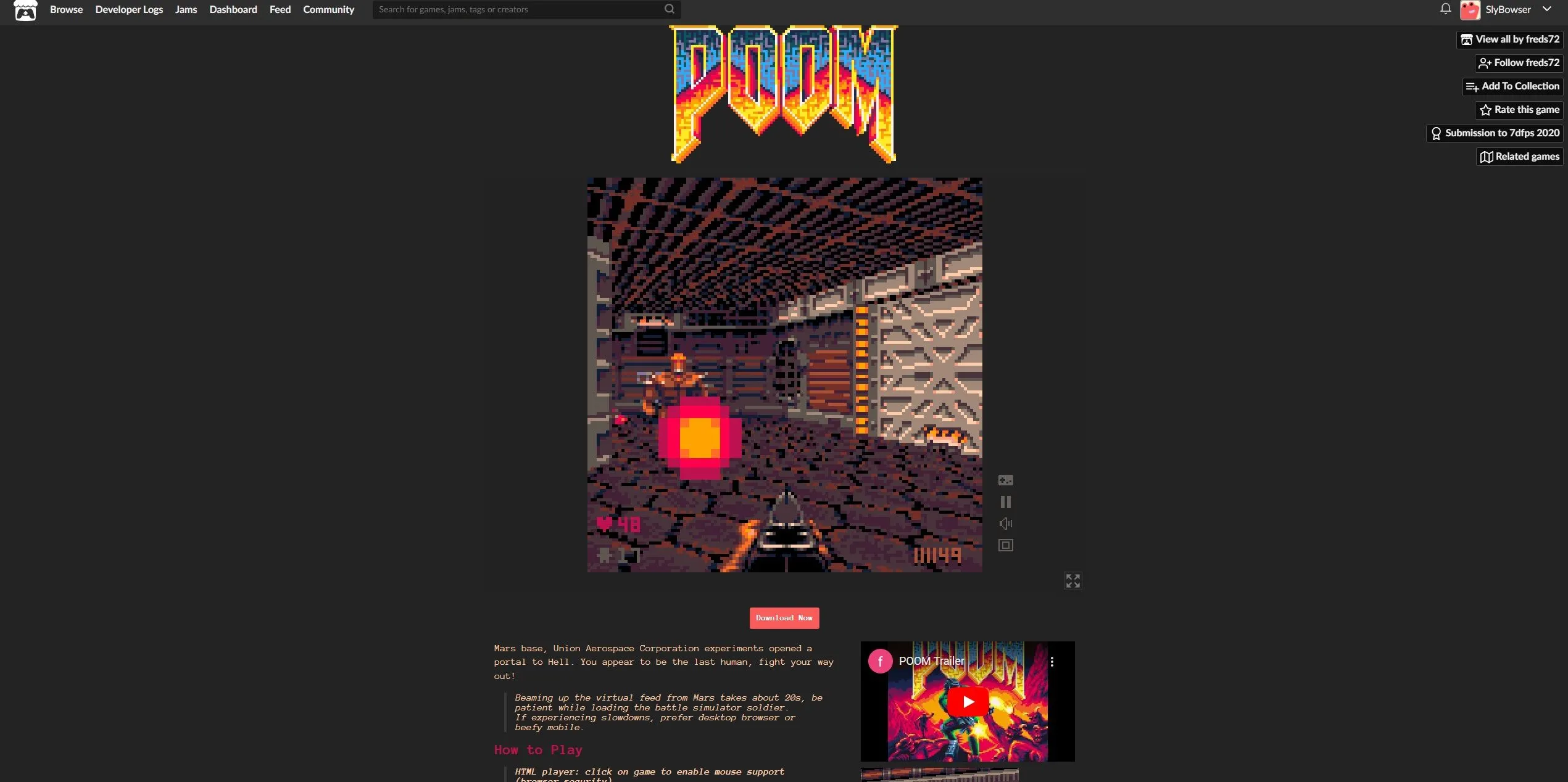 Hình ảnh gameplay của POOM, phiên bản DOOM theo phong cách PICO-8 có thể chơi trực tiếp trên trình duyệt.