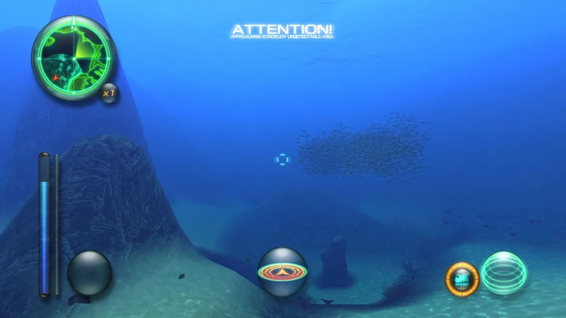 Hình ảnh gameplay trong game Aquanaut's Holiday: Hidden Memories, cho thấy một người chơi đang điều khiển tàu ngầm khám phá rạn san hô đầy màu sắc dưới đại dương sâu thẳm.