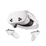 Hình ảnh kính thực tế ảo Meta Quest 3S màu trắng đi kèm bộ điều khiển và thiết bị sạc, đặt trên nền tối.