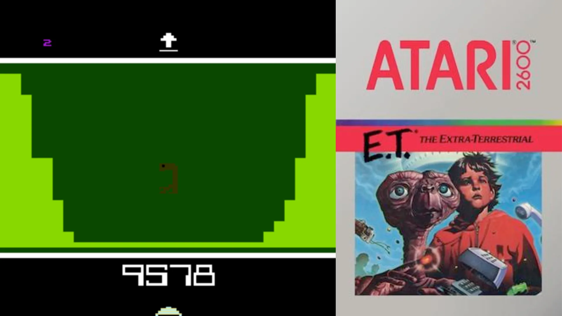 Hình ảnh màn hình game E.T. The Extra-Terrestrial bên cạnh bìa hộp game Atari
