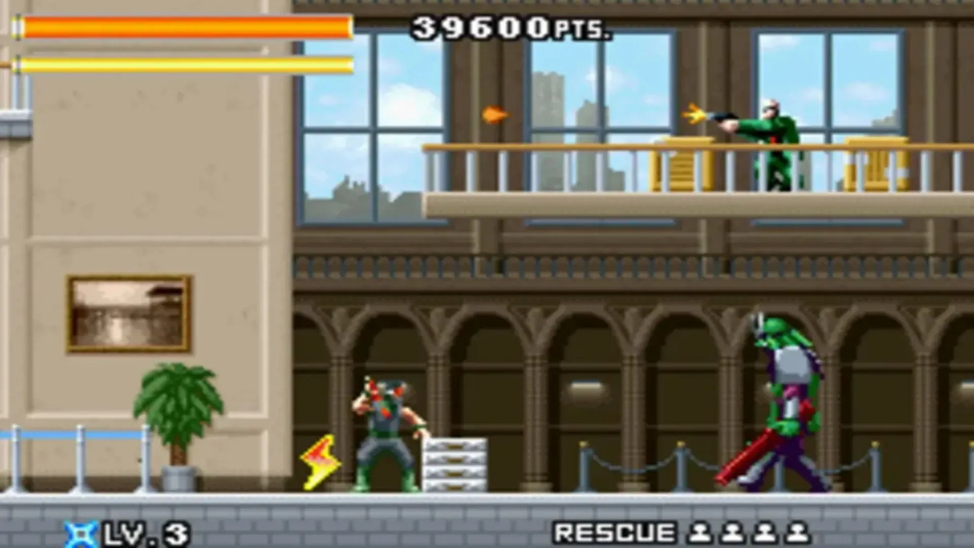Hình ảnh nhân vật Joe Osugi vượt qua các màn chơi và đối đầu với kẻ thù trong game Ninja Five-O trên GBA.