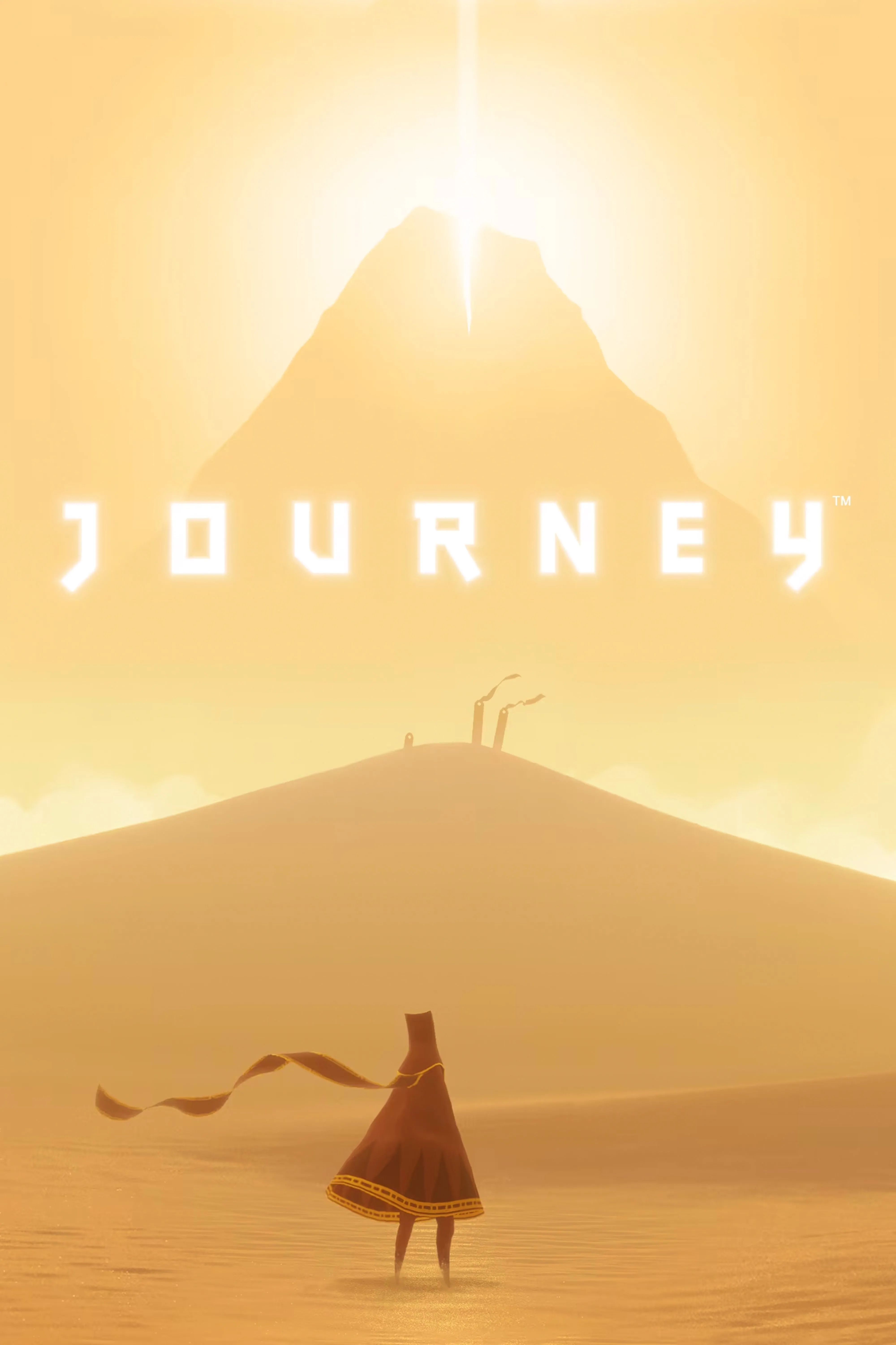 Hình ảnh nhân vật trong Journey đang bay lượn trên một sa mạc rộng lớn với những tàn tích cổ xưa.