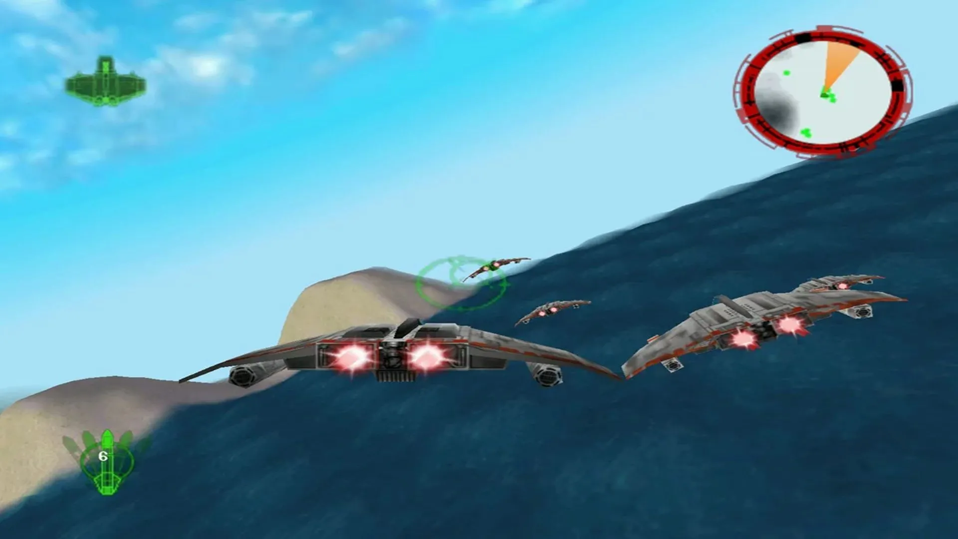 Hình ảnh phi thuyền V-Wing (Dark Empire) bay cùng các đồng minh trên một hành tinh lạ trong tựa game Star Wars: Rogue Squadron (N64) cổ điển.