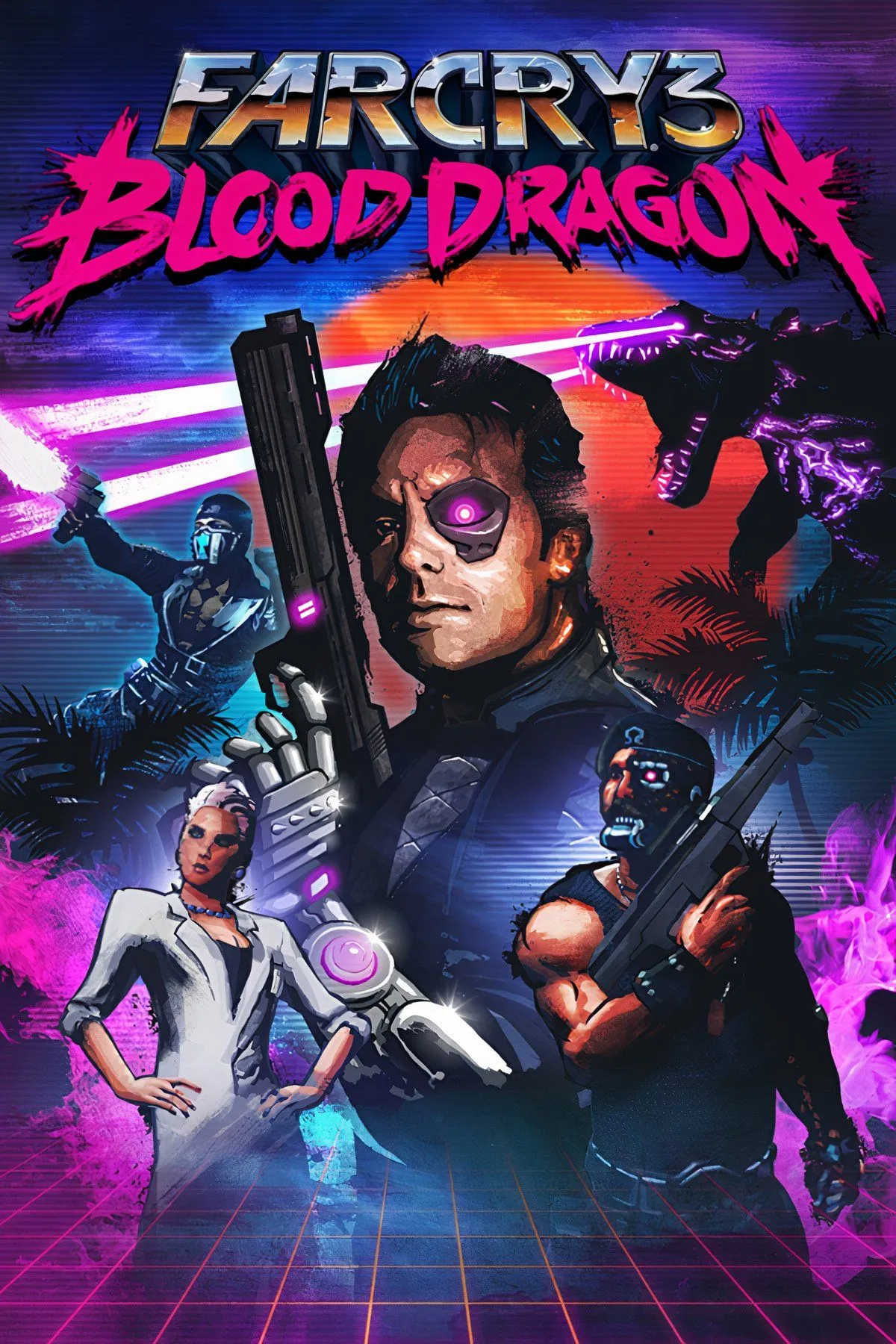 Hình ảnh poster phong cách retro của Far Cry 3: Blood Dragon với Sgt. Rex Colt đứng trước một con khủng long Blood Dragon phát sáng neon.
