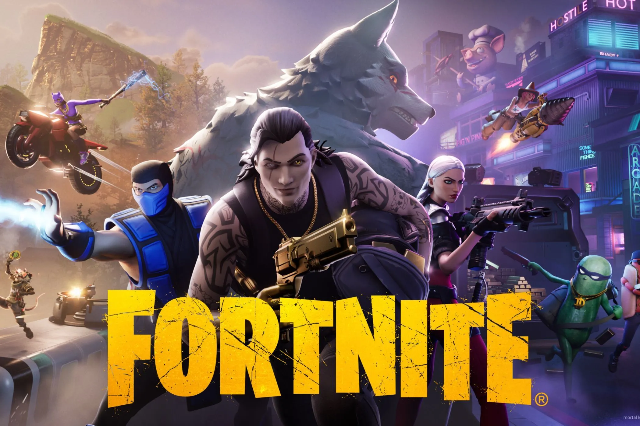 Hình ảnh quảng bá game Fortnite với các chiến binh và chó sói.