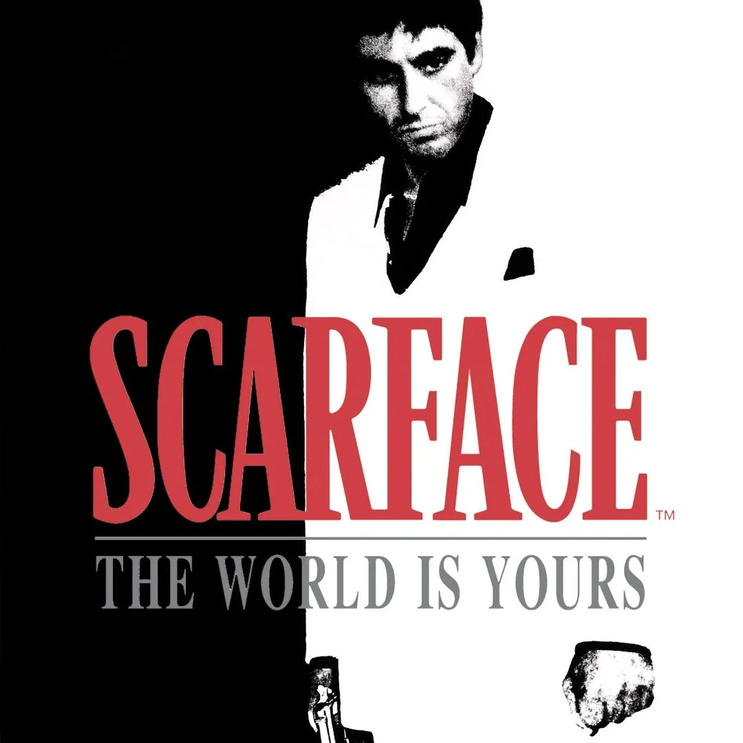 Hình ảnh quảng cáo cho game Scarface: The World Is Yours, thể hiện nhân vật chính Tony Montana cùng thế giới tội phạm đầy rẫy quyền lực.