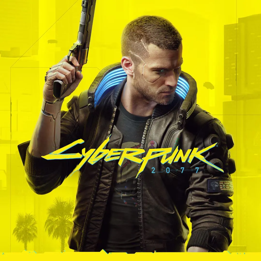 Hình ảnh sản phẩm của game Cyberpunk 2077, cho thấy một nhân vật trong trang phục tương lai đang cầm súng lục và nhìn nghiêng, thể hiện không khí hành động và phiêu lưu trong Night City.