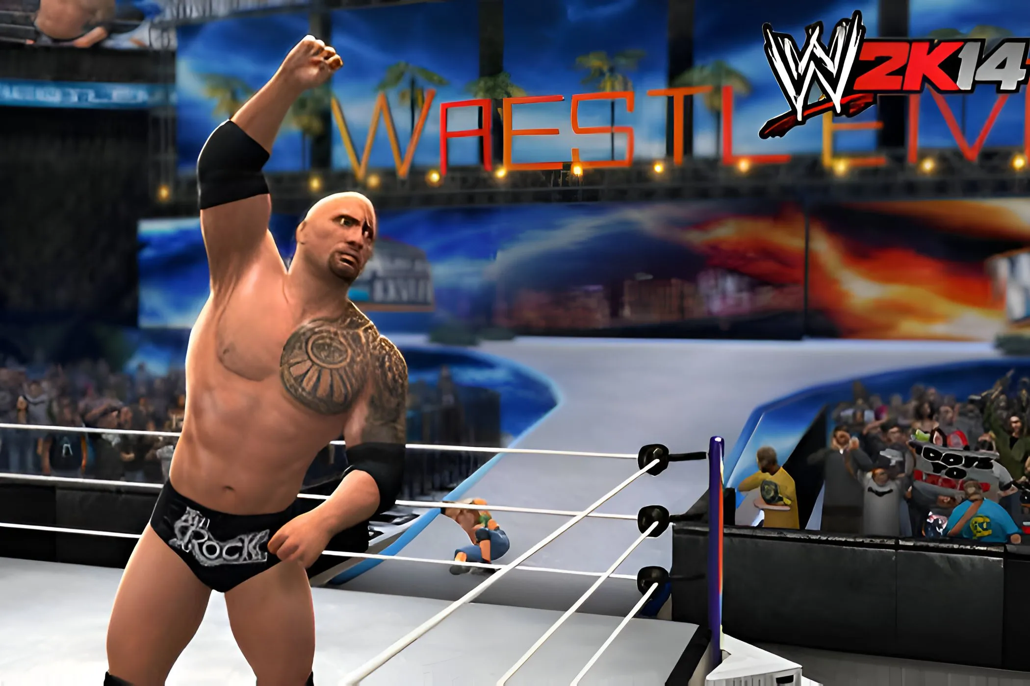 Hình ảnh The Rock giơ tay chào khán giả trong WWE 2K14, tựa game tri ân lịch sử Wrestlemania