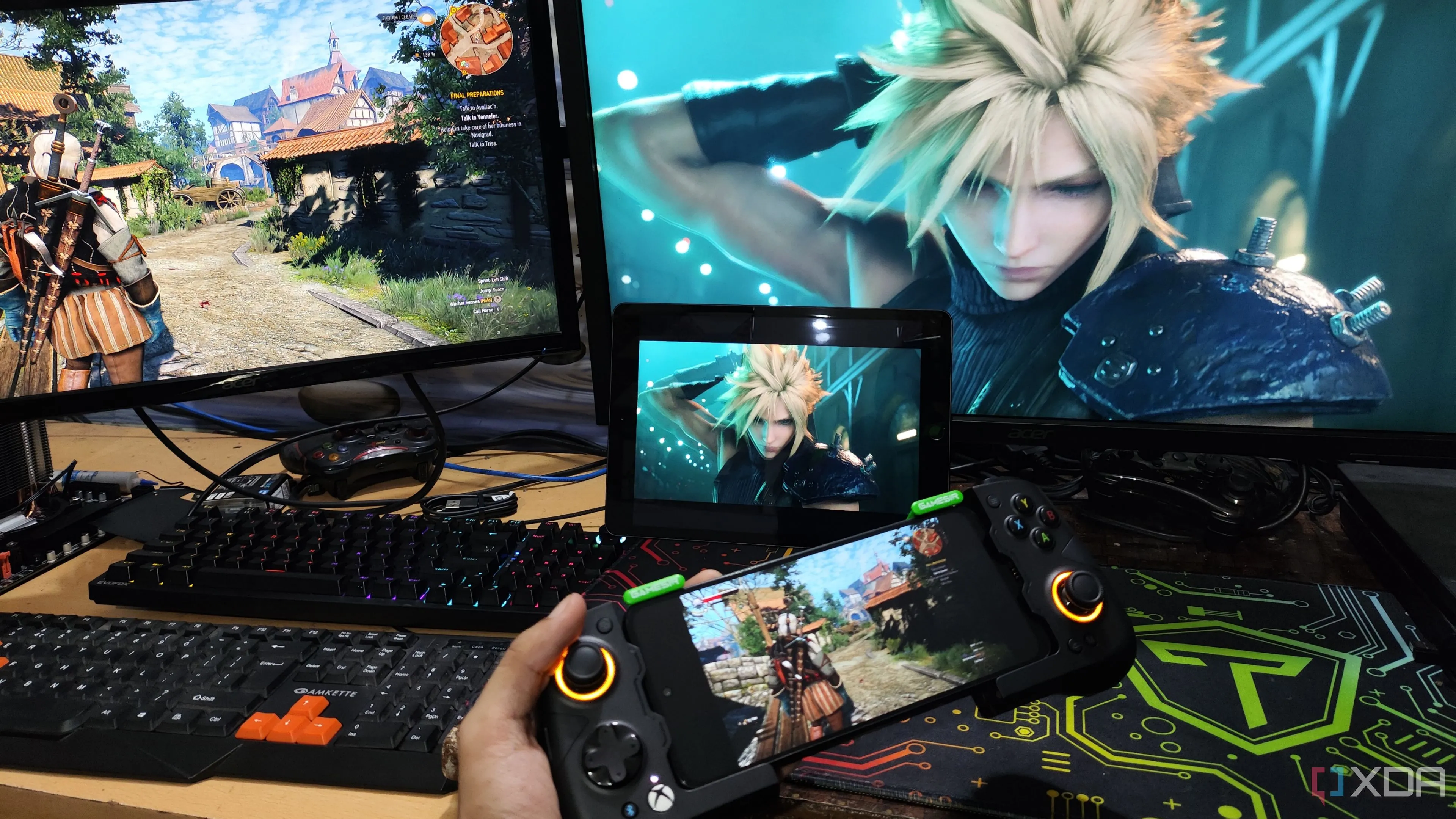 Hình ảnh The Witcher 3 đang được stream tới Poco M6 Pro qua Parsec, trong khi một PC khác stream Final Fantasy VII Remake tới iPad qua Moonlight/Sunshine