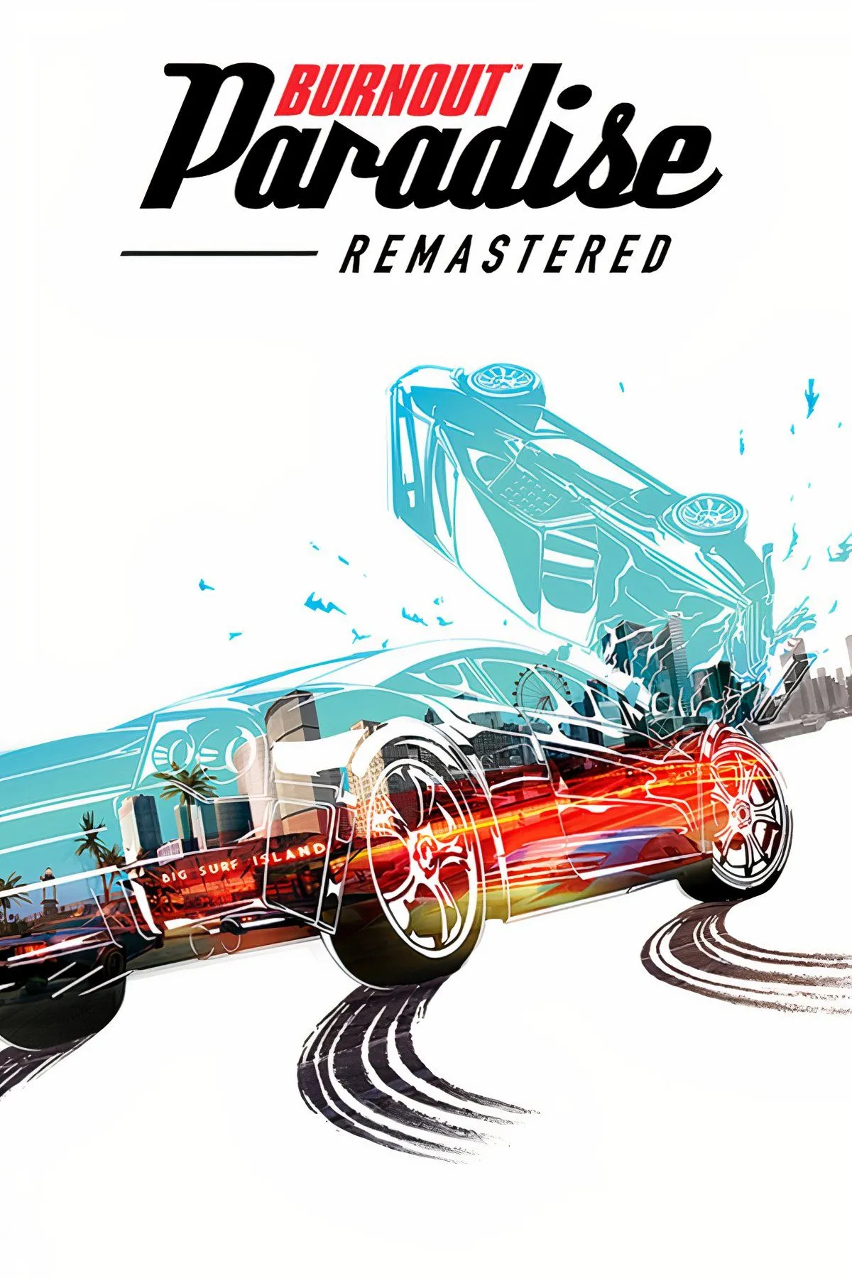 Hình ảnh tổng hợp từ Burnout Paradise, minh họa cảnh xe đua lao tốc độ cao, va chạm ngoạn mục và môi trường thế giới mở rực rỡ.