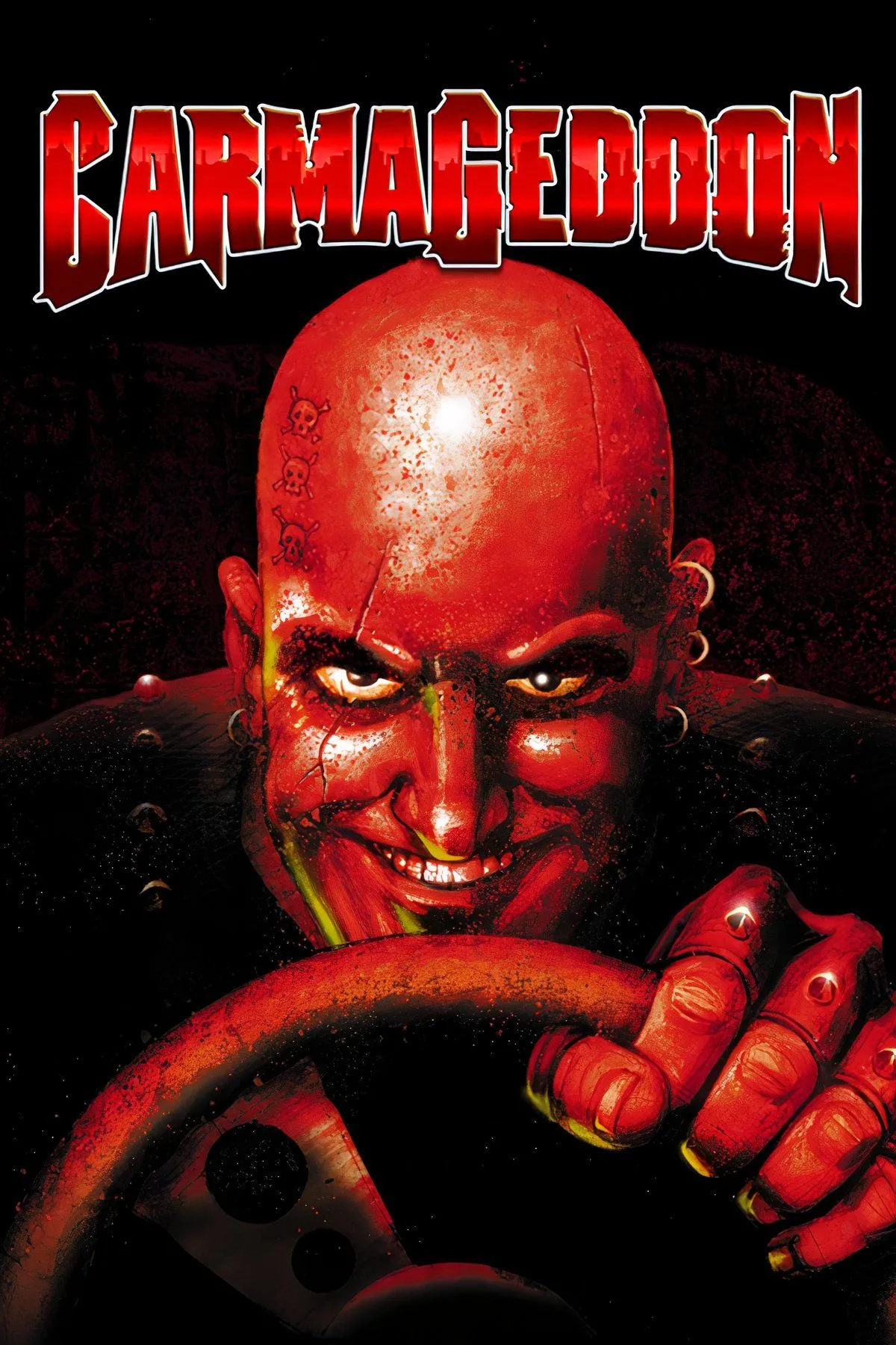 Hình ảnh tổng hợp từ trò chơi Carmageddon, hiển thị cảnh một chiếc xe đua đang lao đi trên đường phố và một người đi bộ bị cán.