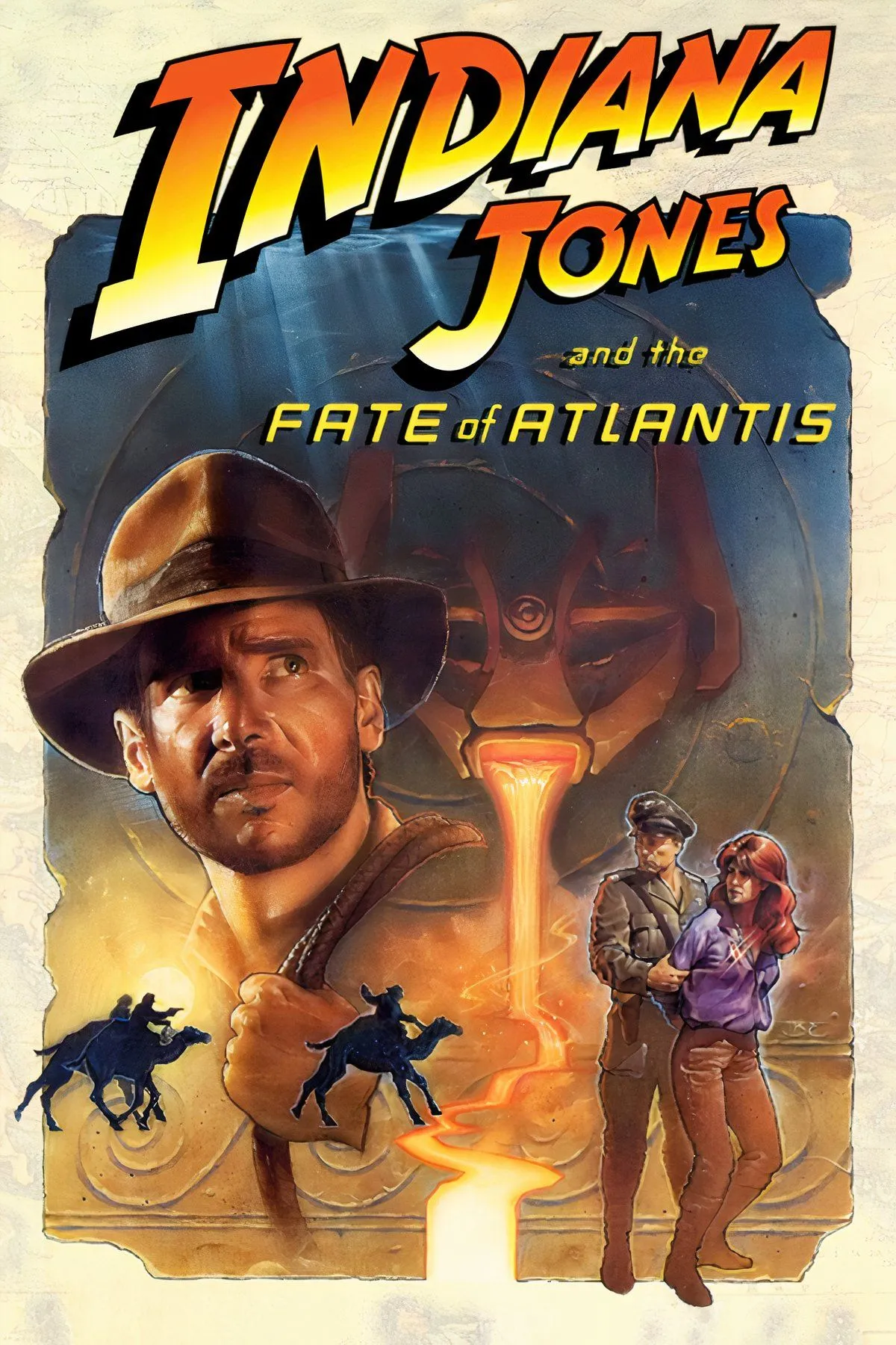 Hình ảnh tổng hợp từ trò chơi Indiana Jones and the Fate of Atlantis, hiển thị nhân vật Indiana Jones cùng các yếu tố phiêu lưu, khám phá và giải đố.