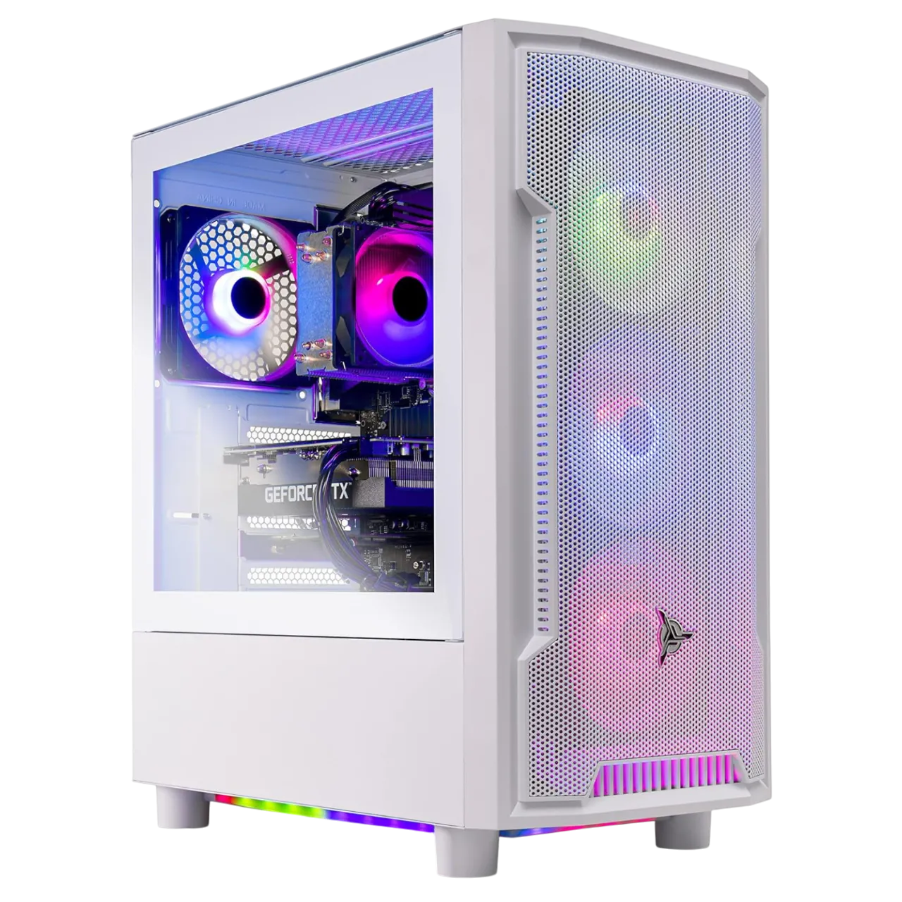 Hình ảnh tổng thể PC gaming Skytech Archangel với đèn RGB bắt mắt và thiết kế hiện đại
