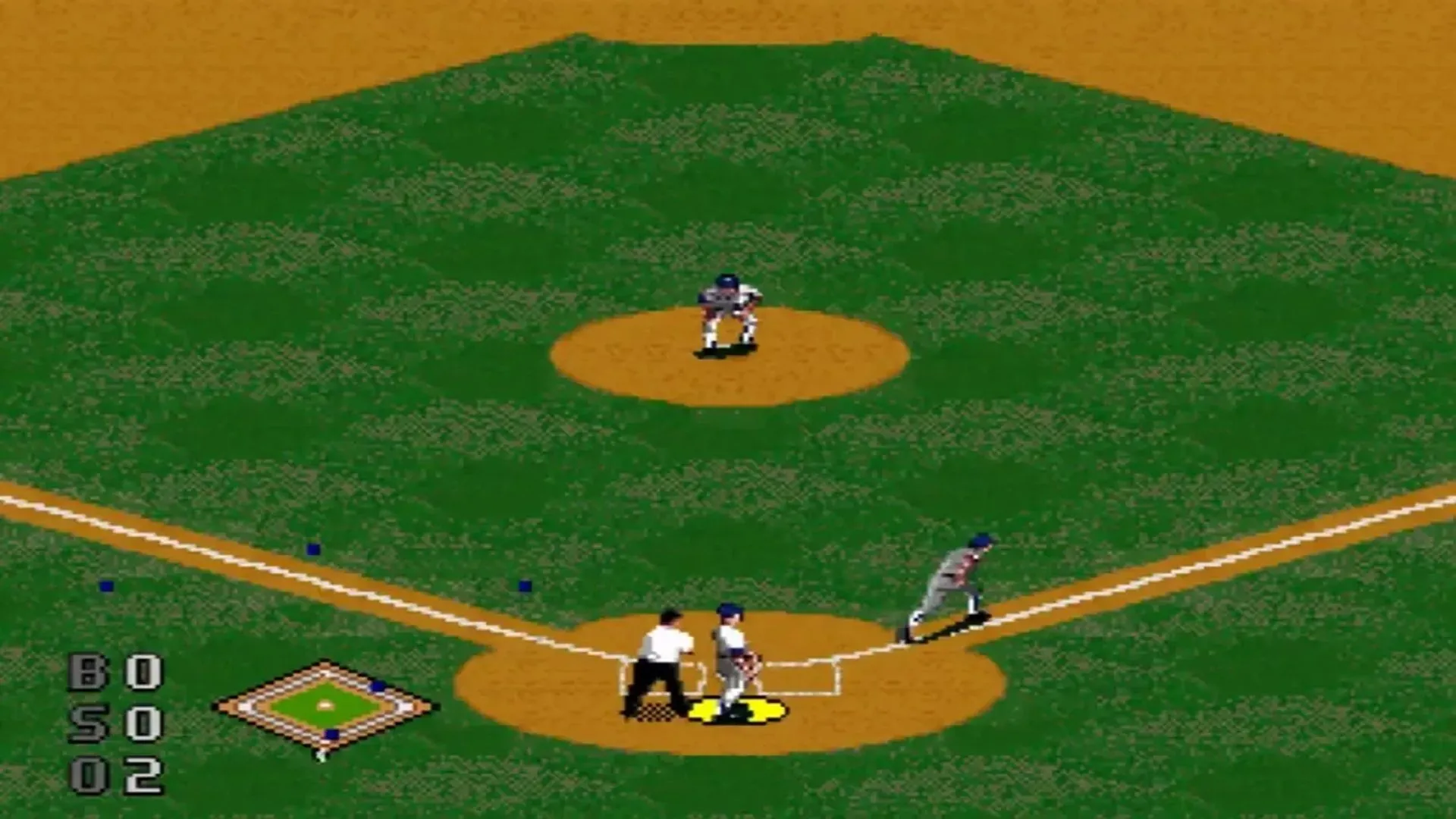 Hình ảnh trận đấu trong game World Series Baseball Starring Deion Sanders, thể hiện đồ họa và tính năng zoom cải tiến trên Sega 32X
