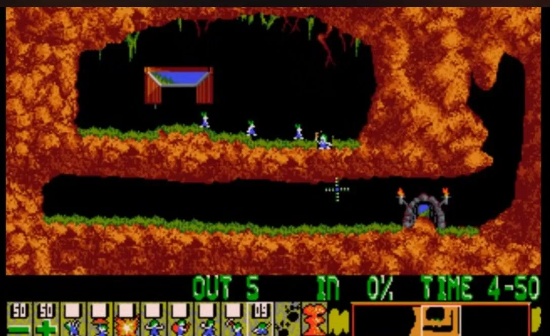 Hình ảnh trong game Lemmings, hướng dẫn các sinh vật nhỏ bé thoát khỏi cạm bẫy