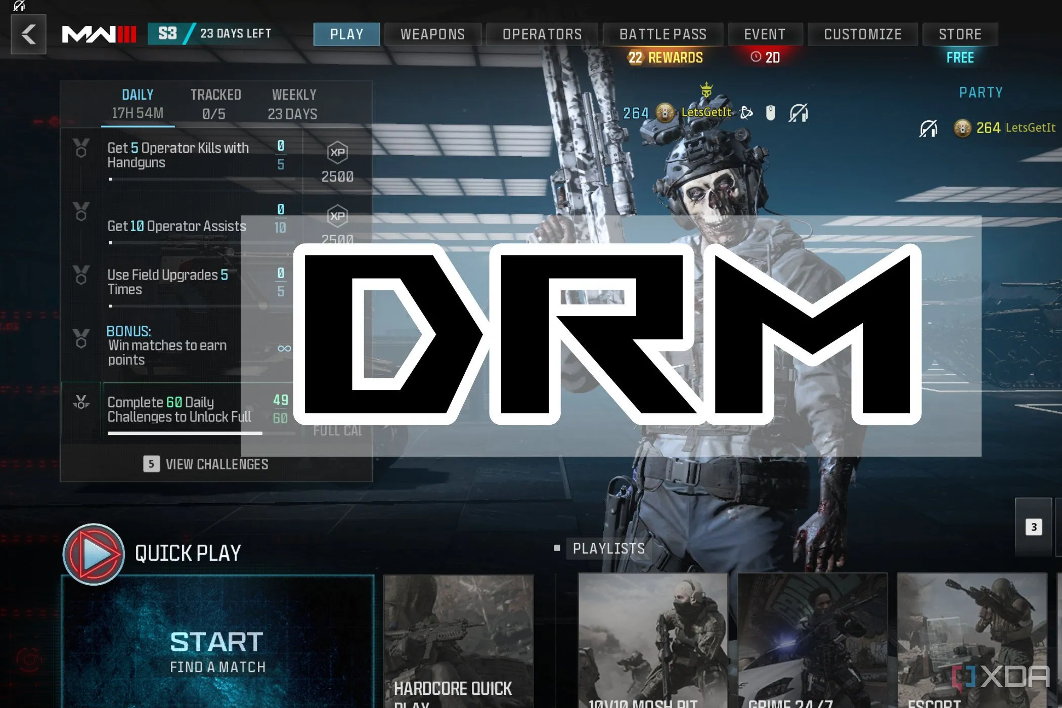 Hình ảnh tựa game Call of Duty: Modern Warfare III với lớp phủ văn bản liên quan đến hệ thống quản lý bản quyền số (DRM), thể hiện tác động của DRM đối với game thủ.