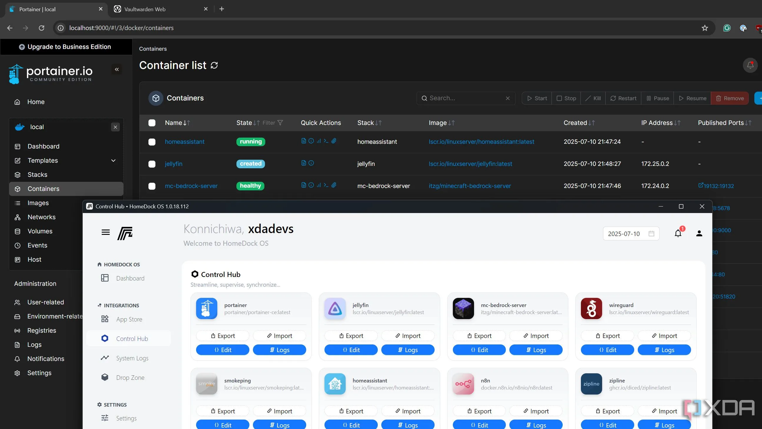 HomeDockOS đang chạy Portainer, minh họa khả năng quản lý container Docker và truy cập dịch vụ qua trình duyệt web.