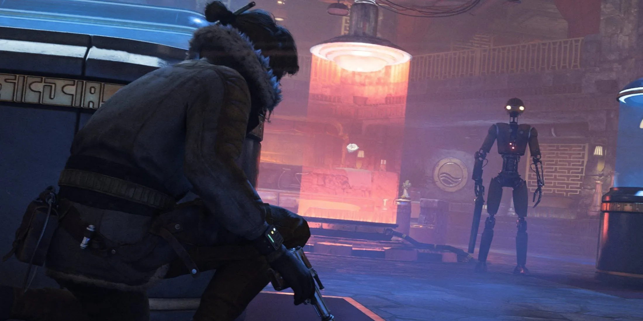 Kay Vess và Nix trong Star Wars Outlaws đang thực hiện nhiệm vụ lén lút