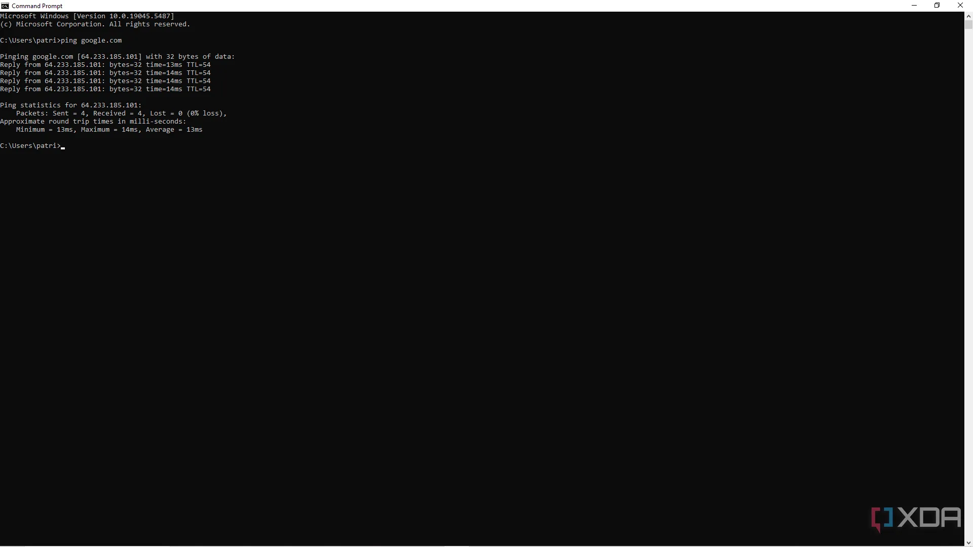 Kết quả kiểm tra kết nối bằng lệnh ping đến google.com trong cửa sổ Command Prompt.