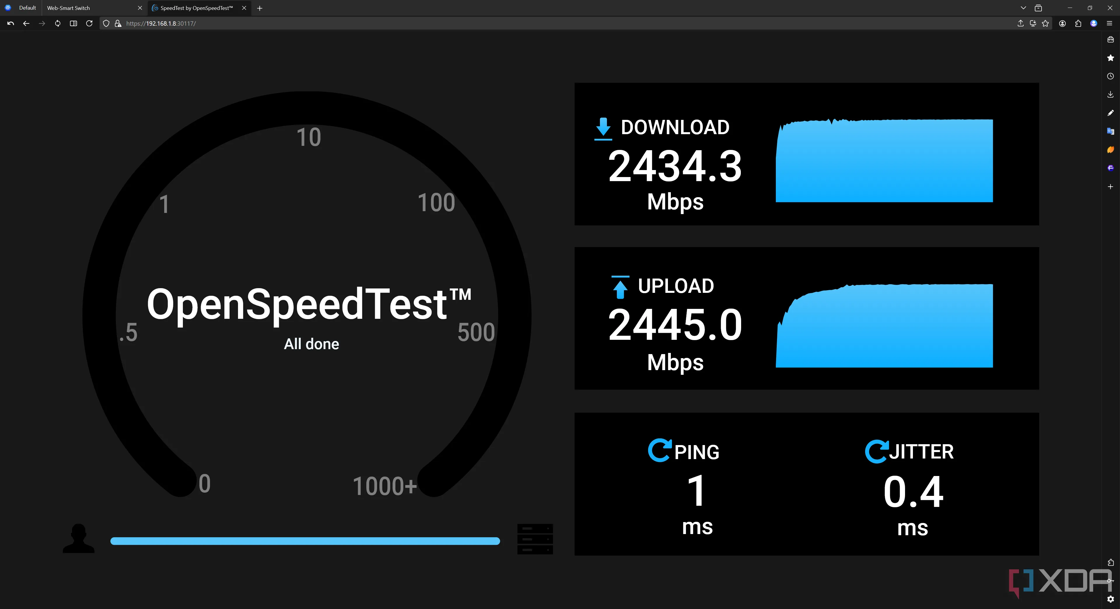 Kết quả kiểm tra tốc độ mạng nội bộ 2.5GbE giữa PC và NAS bằng OpenSpeedTest