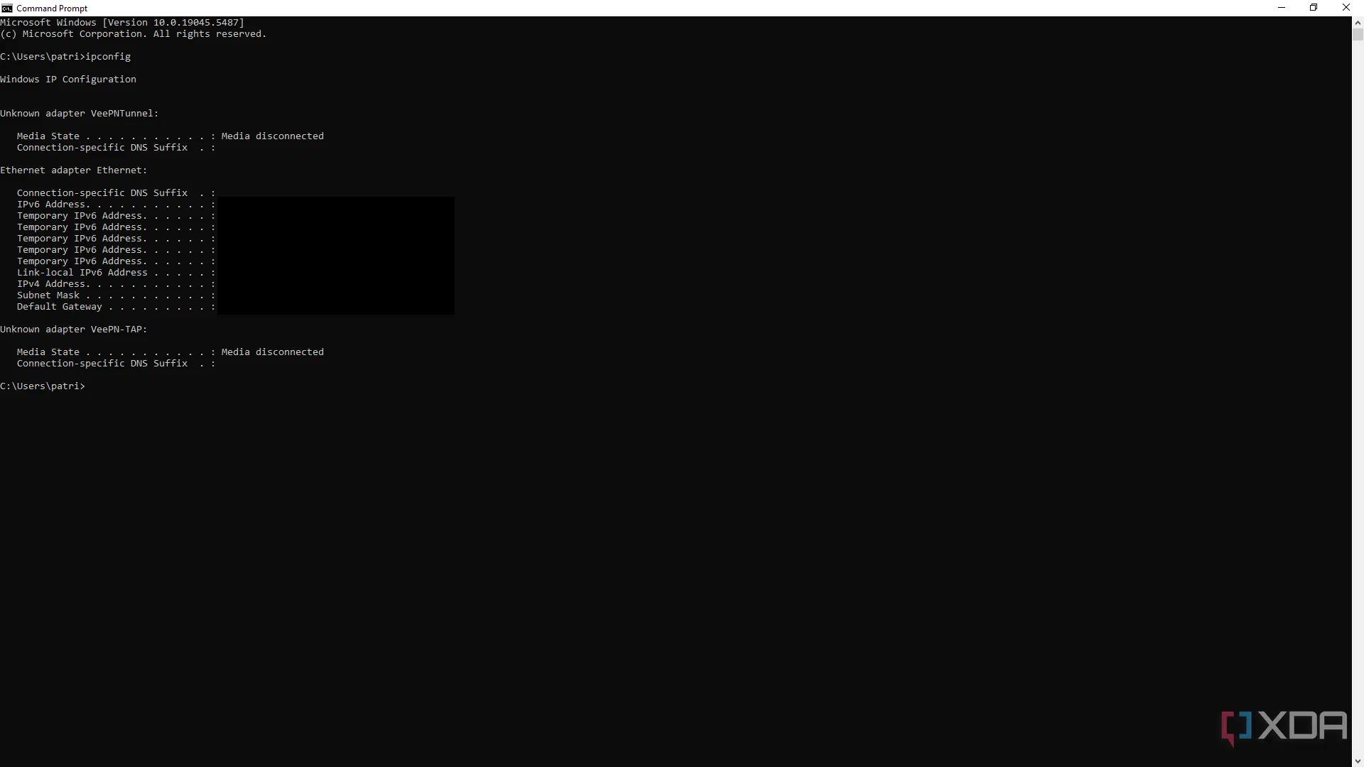 Kết quả trả về khi thực hiện lệnh ipconfig trong Command Prompt, hiển thị thông tin cấu hình IP.