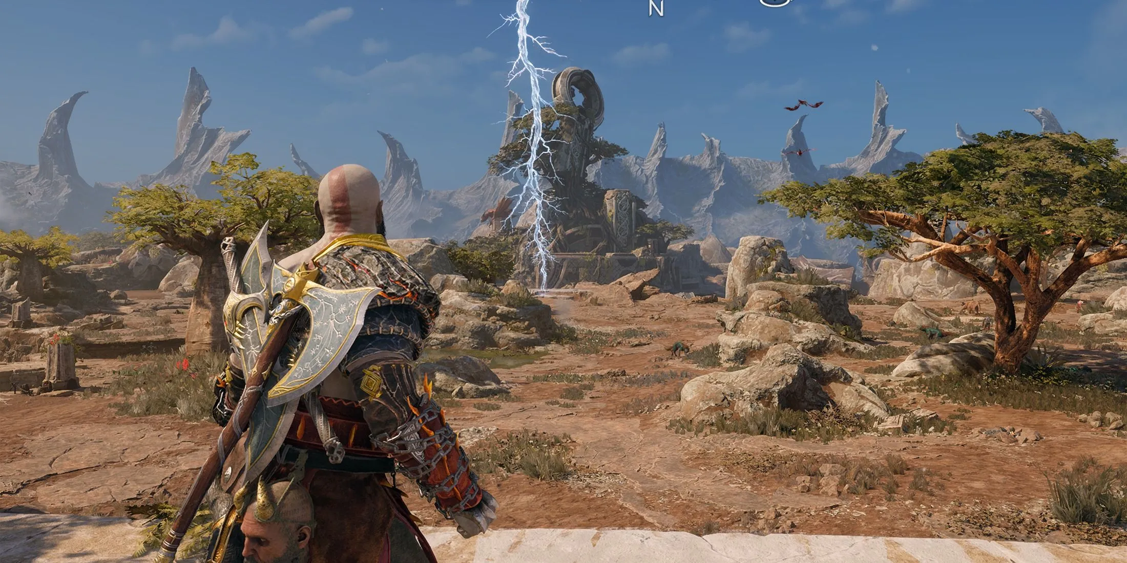 Khu vực Crater trong God of War Ragnarök với hiệu ứng sét đánh ấn tượng
