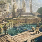 Khu vực trung tâm Grand Hub trong Monster Hunter Wilds, minh họa thế giới game qua âm nhạc OST