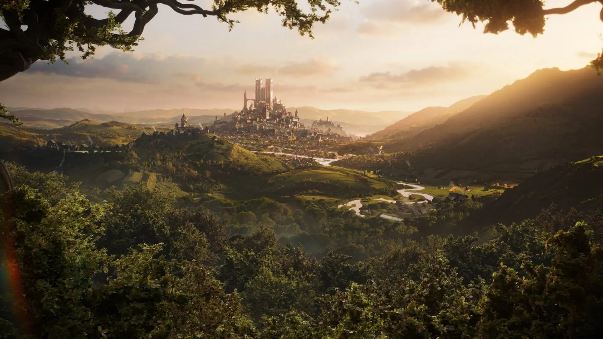 Khung cảnh toàn cảnh vương quốc Albion hùng vĩ trong bản làm lại của Fable, với thành phố Bowerstone ẩn hiện phía xa.