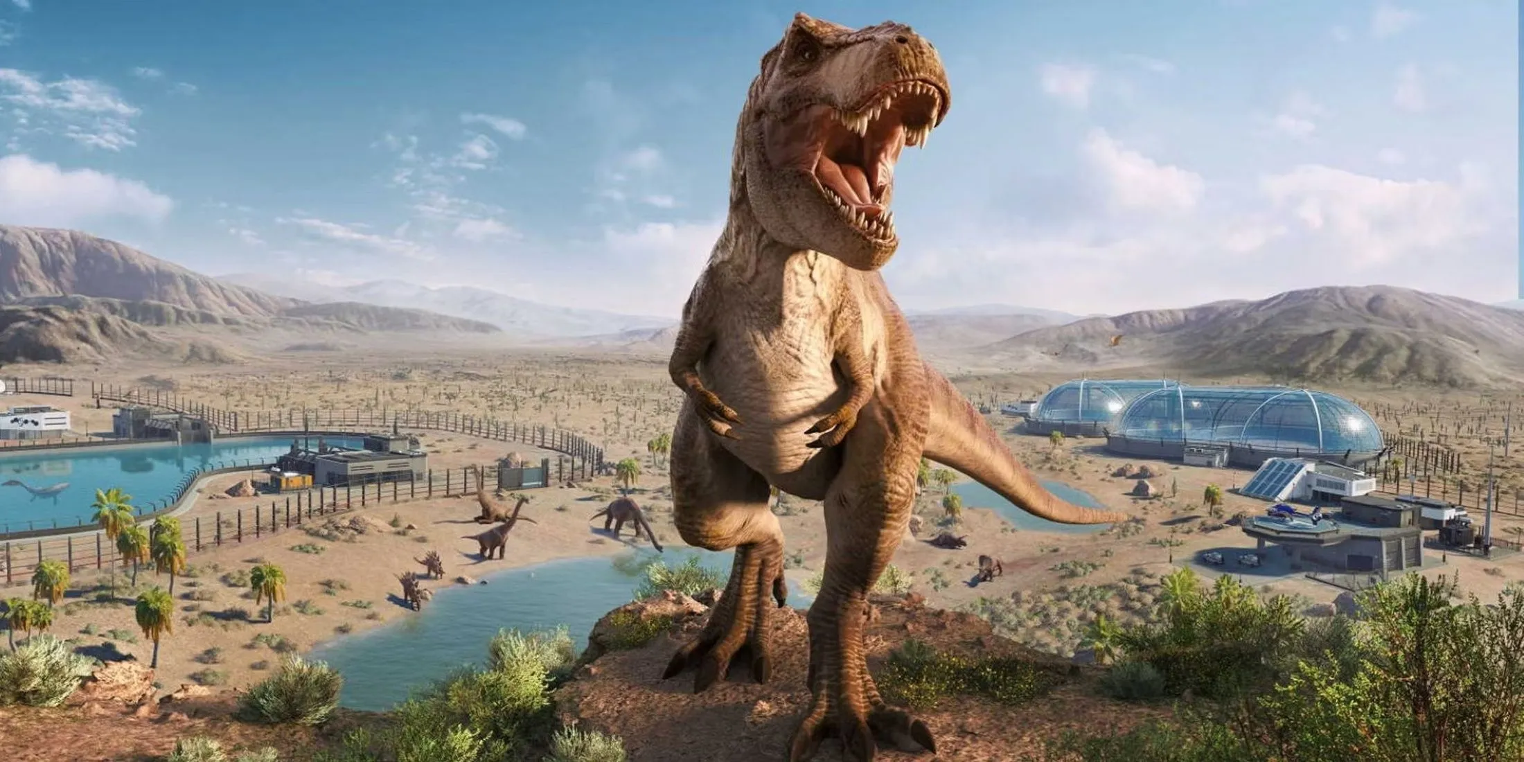 Khủng long T-Rex đang đi lại trong công viên Jurassic World do người chơi xây dựng
