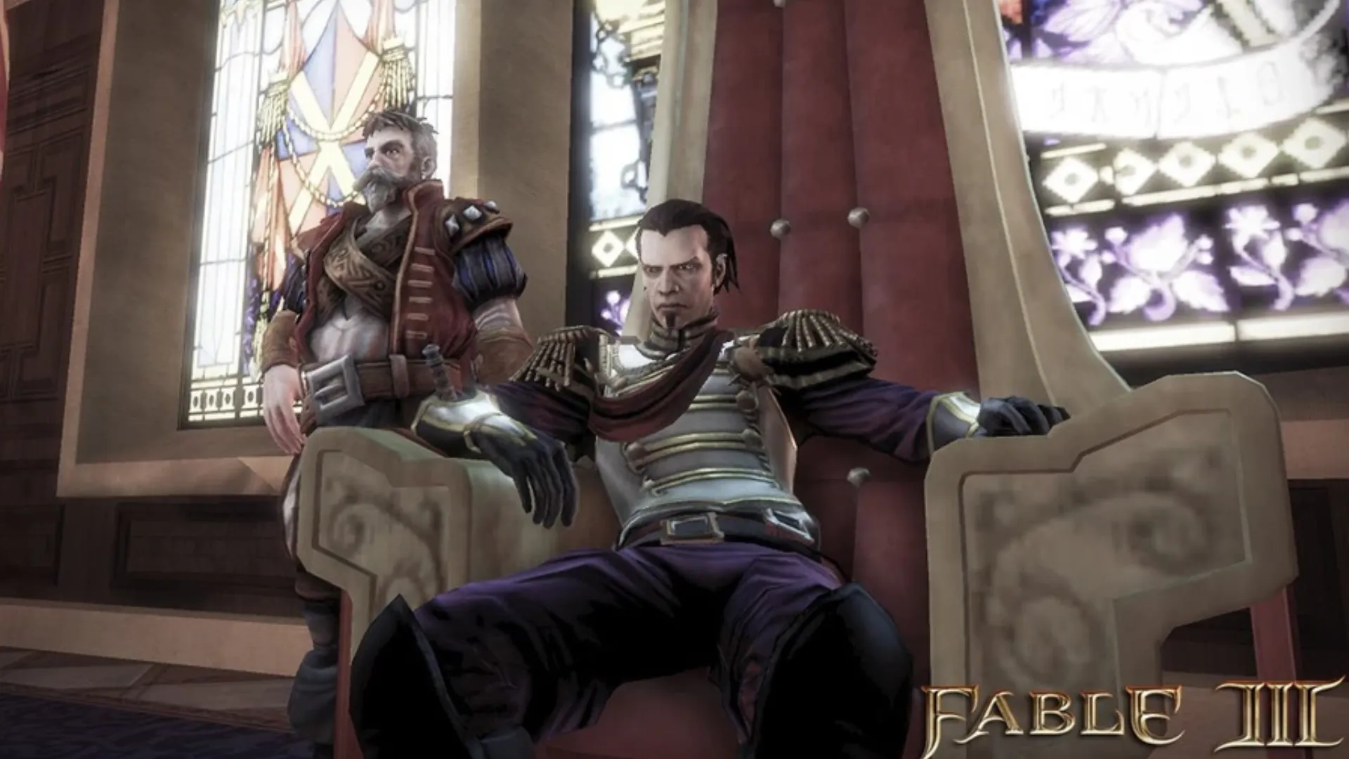 King Logan, vị vua tàn bạo của Albion, trên ngai vàng trong Fable III.