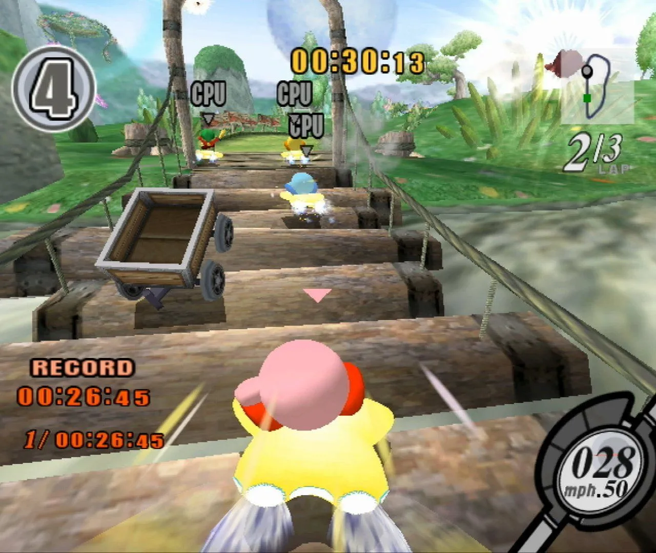 Kirby lái xe trên cầu gỗ trong Kirby Air Ride