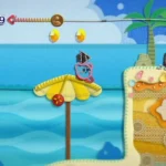 Kirby's Epic Yarn với đồ họa sợi len độc đáo trên nền bãi biển đầy màu sắc