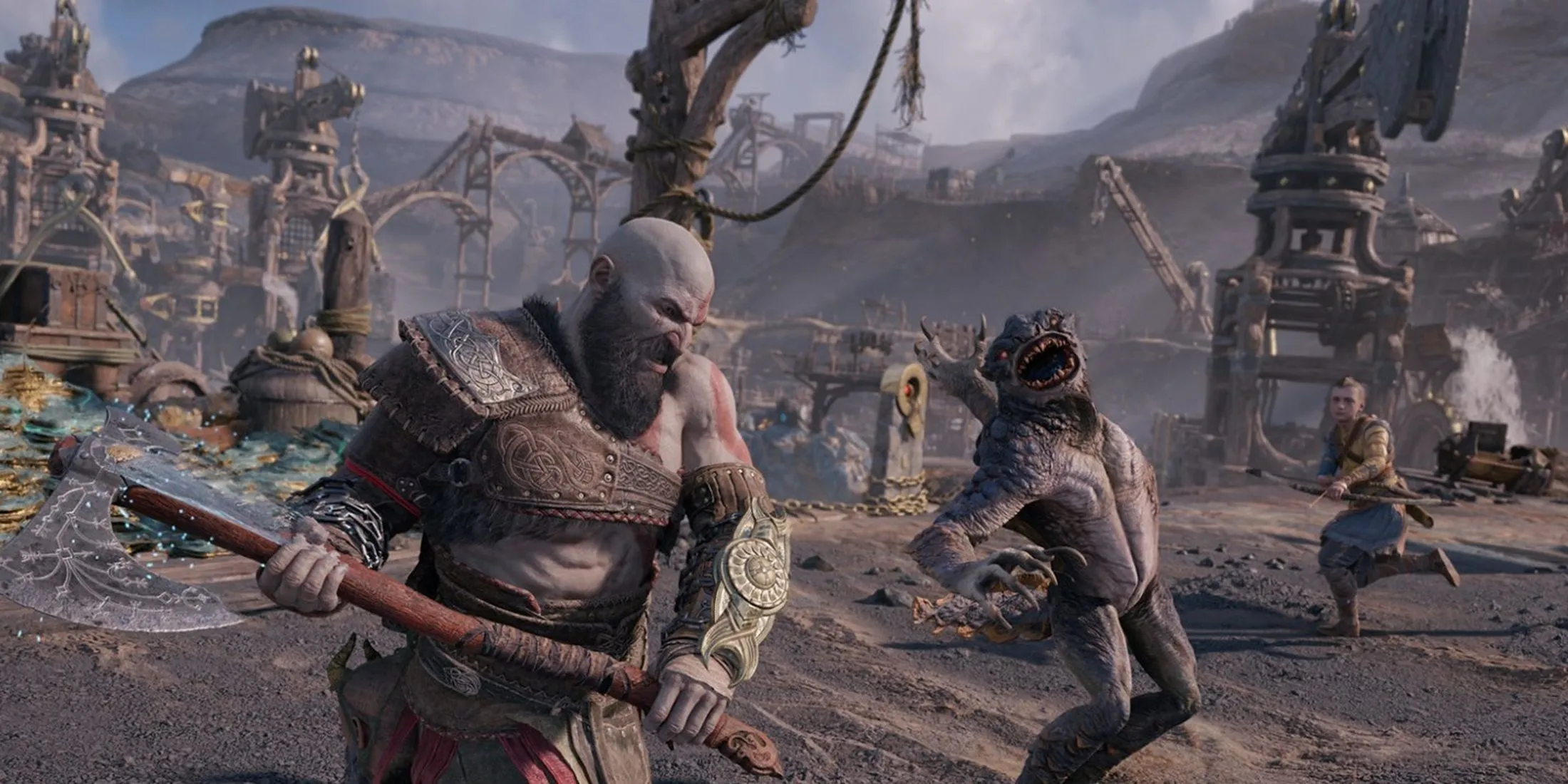 Kratos chiến đấu bên cạnh Atreus trong một phân cảnh hành động của God of War Ragnarök