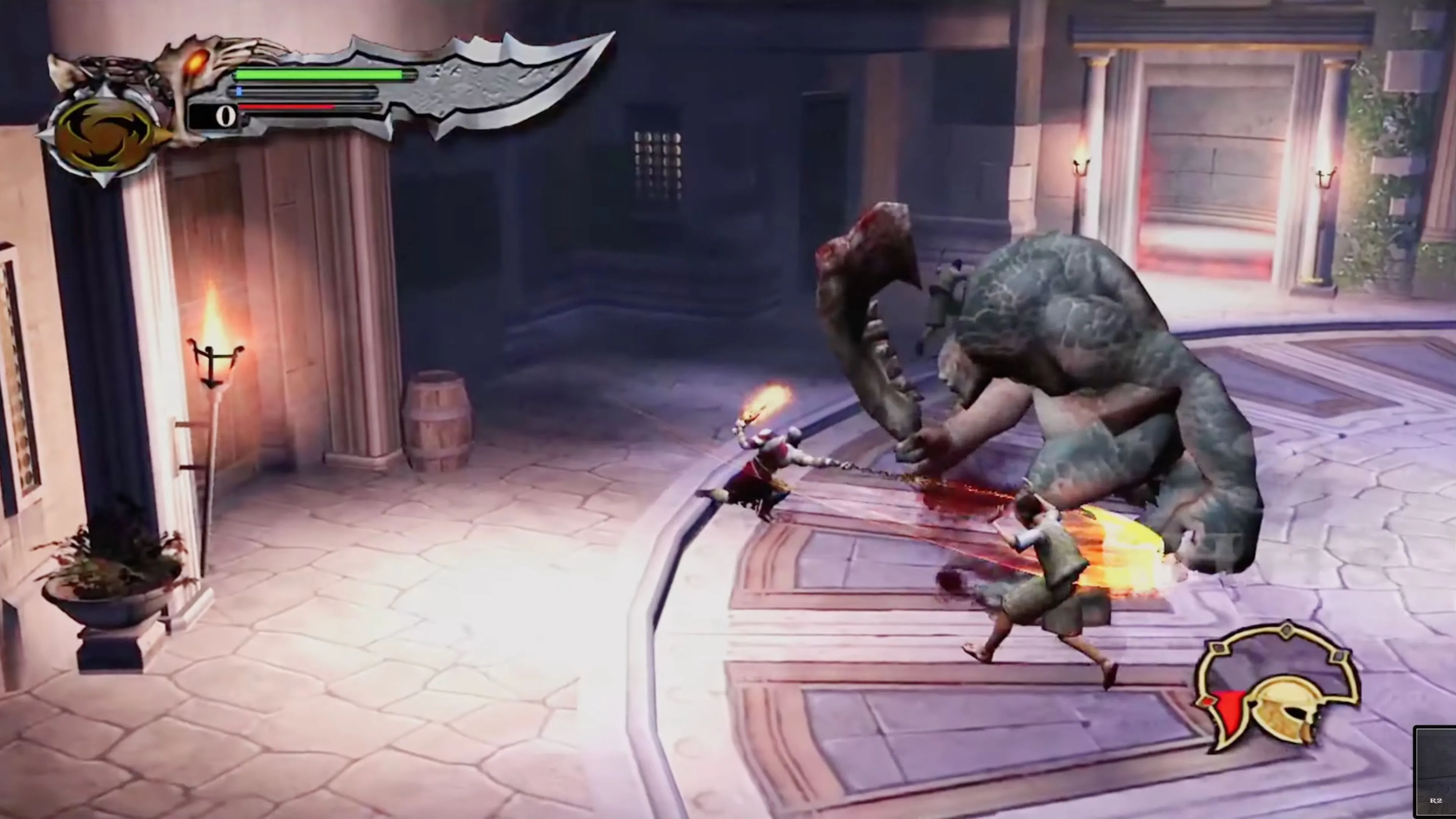 Kratos đối đầu với quái vật Hydra trong God of War (2005), minh họa quy mô trận chiến.