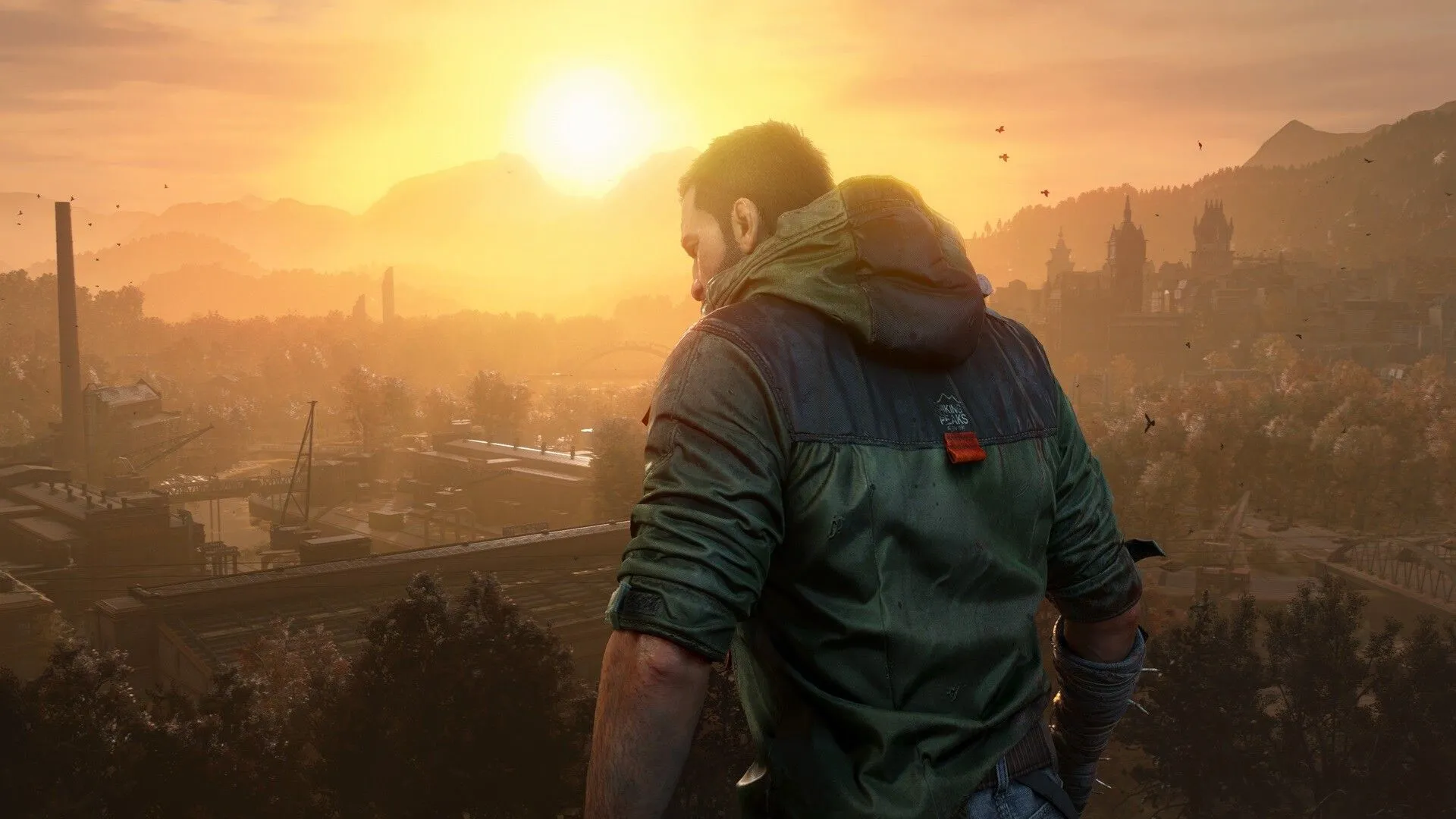 Kyle Crane đứng trên nóc một tòa nhà, nhìn xa xăm vào bối cảnh hậu tận thế của Dying Light: The Beast