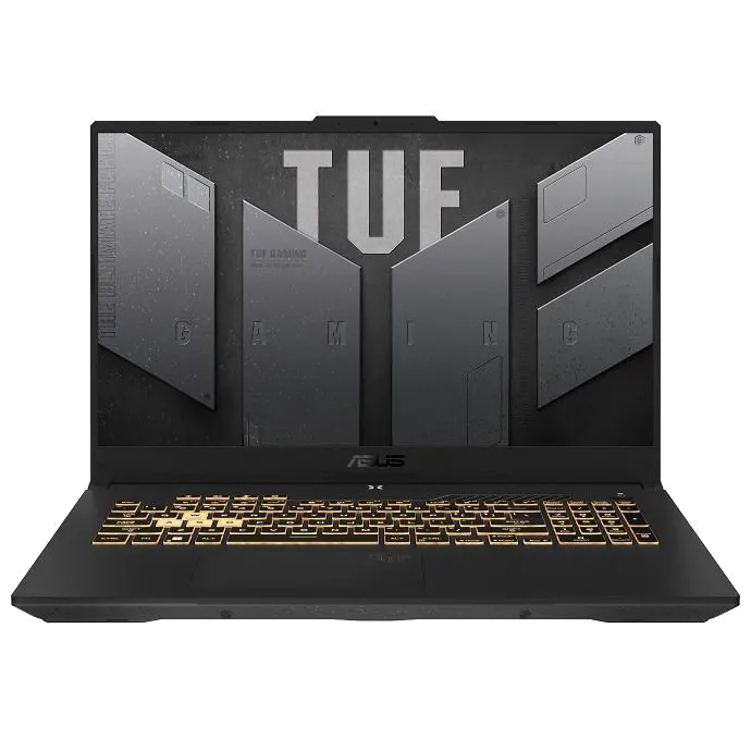 Laptop gaming Asus TUF Gaming A17 màu xám đen đang hiển thị màn hình game.