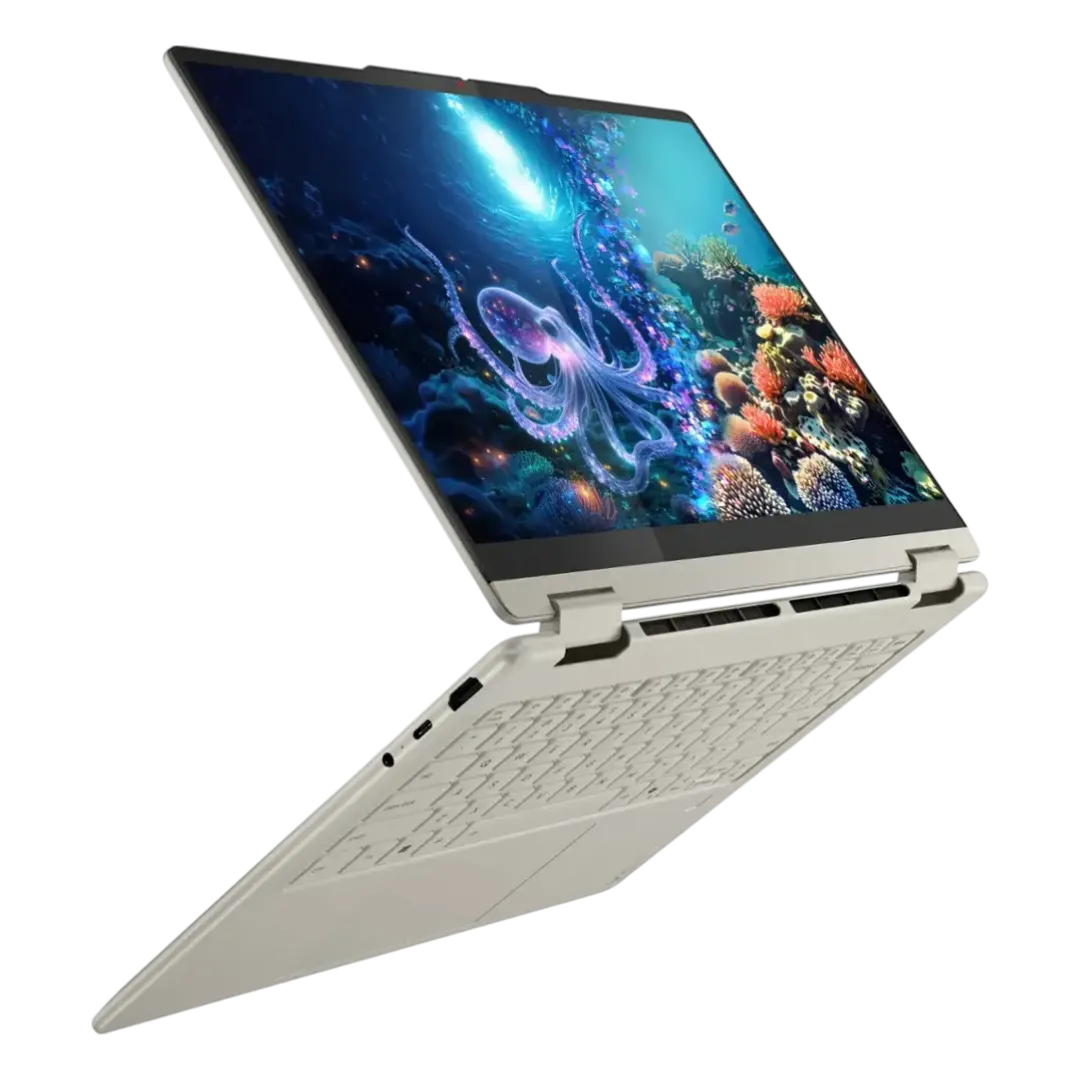 Laptop Lenovo Yoga 7 2-in-1 màu Seashell hiển thị chế độ gập linh hoạt