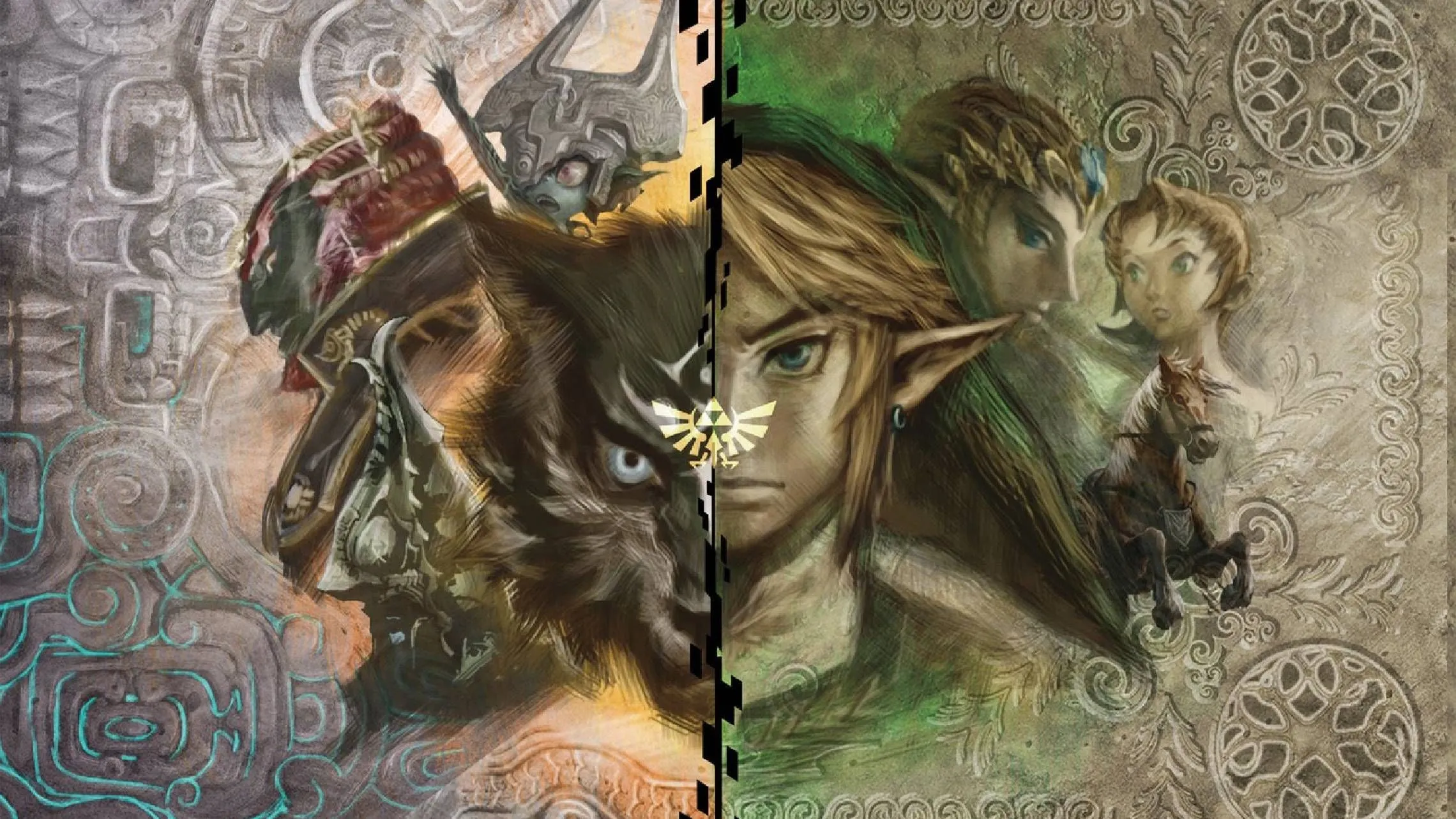 Link ở dạng người và sói cùng dàn nhân vật chủ chốt trong The Legend of Zelda: Twilight Princess