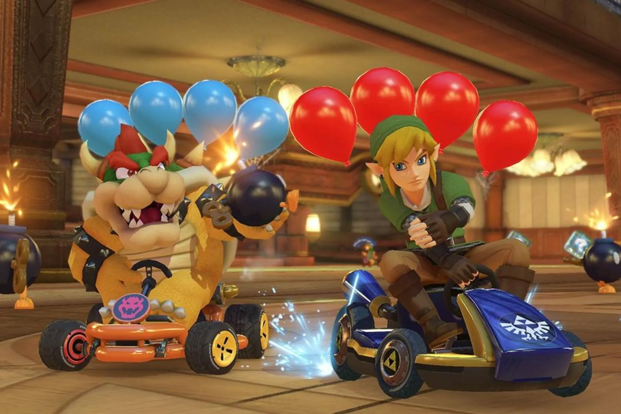 Link và Bowser đang đua xe trong game Mario Kart 8 Deluxe, thể hiện sự đa dạng nhân vật và phương tiện.