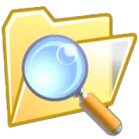Logo của SearchMyFiles với nền trong suốt, hiển thị biểu tượng kính lúp và các tệp tin