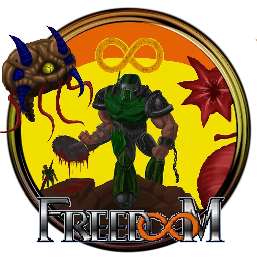 Logo Freedoom với hình ảnh xương sọ và khẩu súng, phong cách game bắn súng